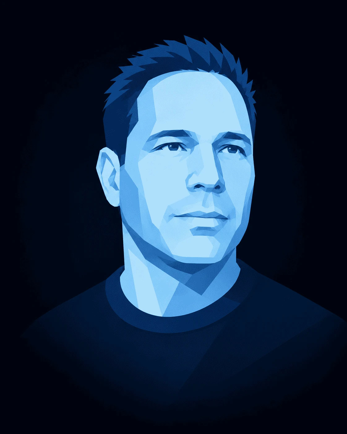 Illustrated portrait of Guy Soffer, rendered in ice-blue vector style